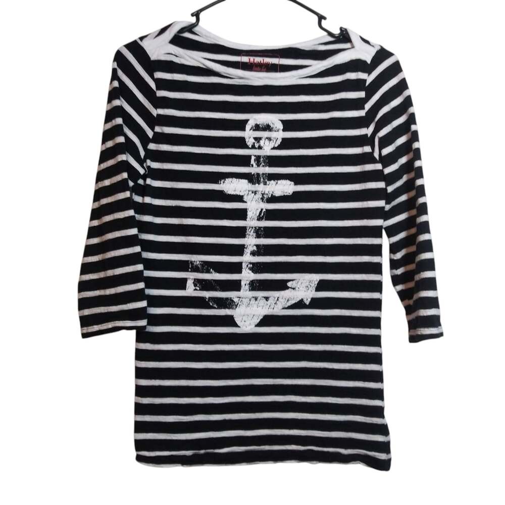 Hatley Briton Large Navy Blue White Striped Anchor Cotton T Shirt Nautical Sz S